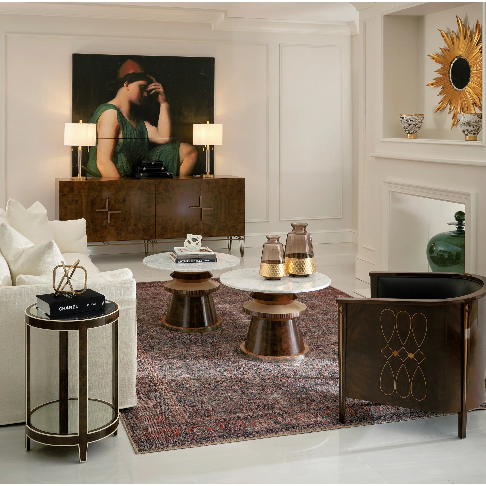 Jacques Round End Table by Jonathan Charles in brown and medium brown mahogany. Made from mahogany veneers, faux bone, glass in a modern style.
