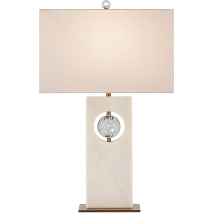 Radiant Table Lamp by Currey and Company in white, clear, antique brass. Made from white marble, glass, metal in a modern style.