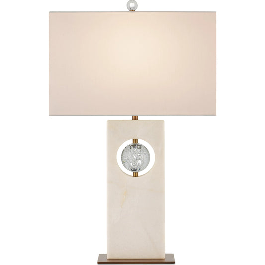 Radiant Table Lamp by Currey and Company in white, clear, antique brass. Made from white marble, glass, metal in a modern style.