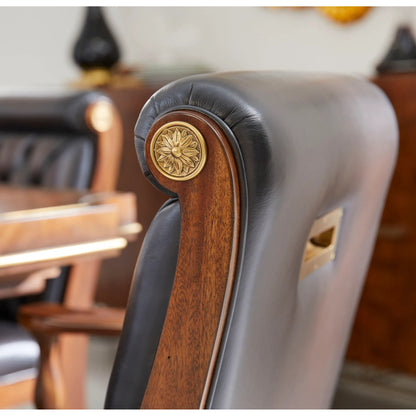 Viceroy Side Chair by Jonathan Charles in viceroy brown santos. Made from local mahogany, leather, brass in a traditional style.