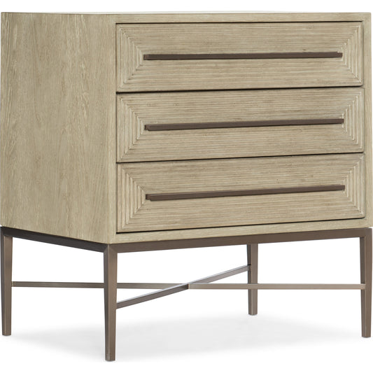 Cascade Three Drawer Nightstand by Hooker Furniture in terrain. Made from oak veneers, metal in a modern style.