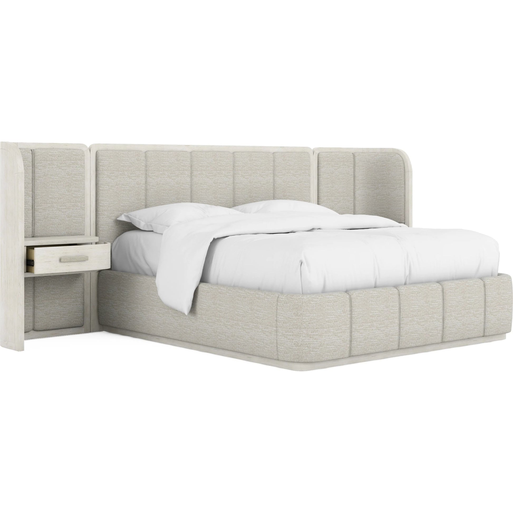 Ashlar Upholstered Wall Panel Bed by A.R.T. Furniture in bisque, ecru, sanded bronze. Made from parawood solids, birch veneers, foam, fabric, metal in a transitional style.