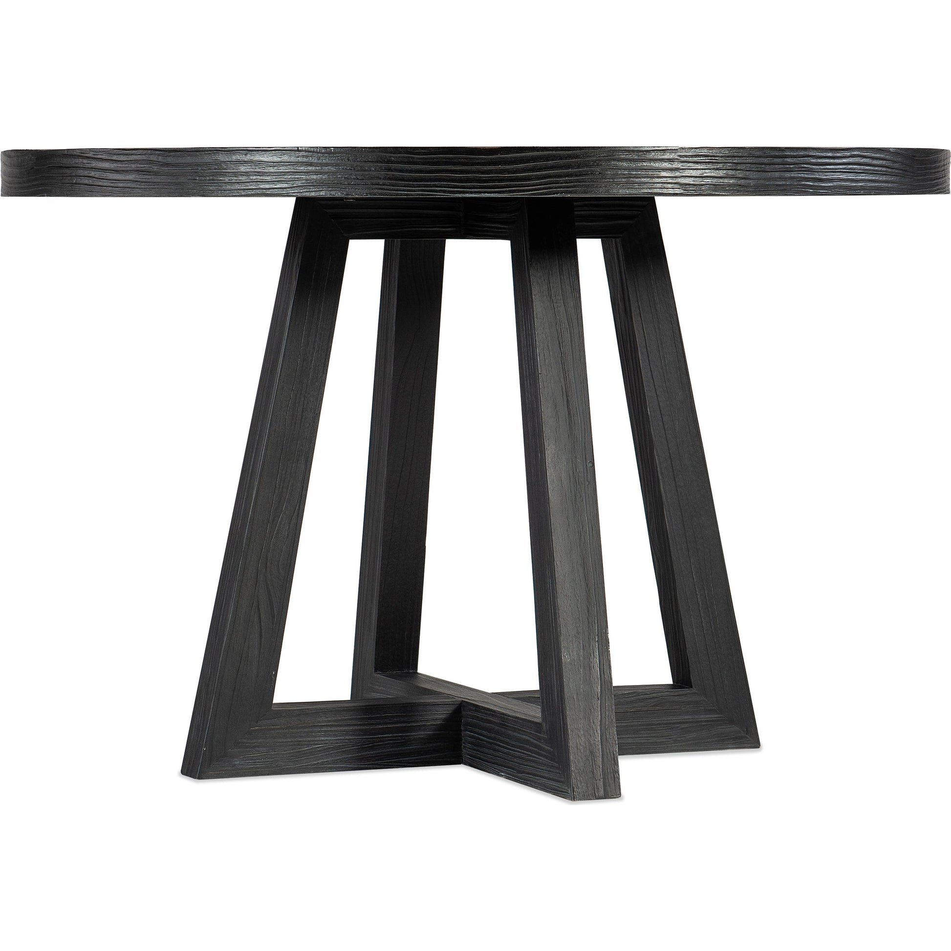 Chapman Shou Sugi Ban Petite Round Dining Table by Hooker Furniture in charred black. Made from pine veneers in a modern style.
