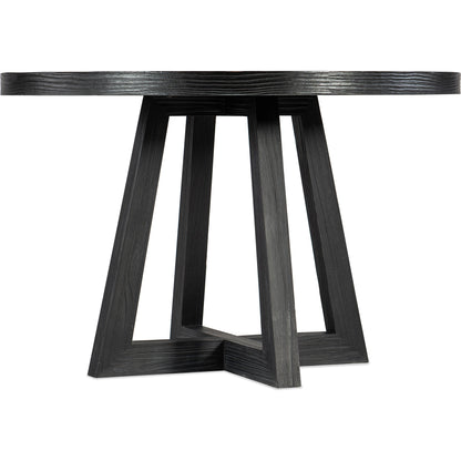 Chapman Shou Sugi Ban Petite Round Dining Table by Hooker Furniture in charred black. Made from pine veneers in a modern style.