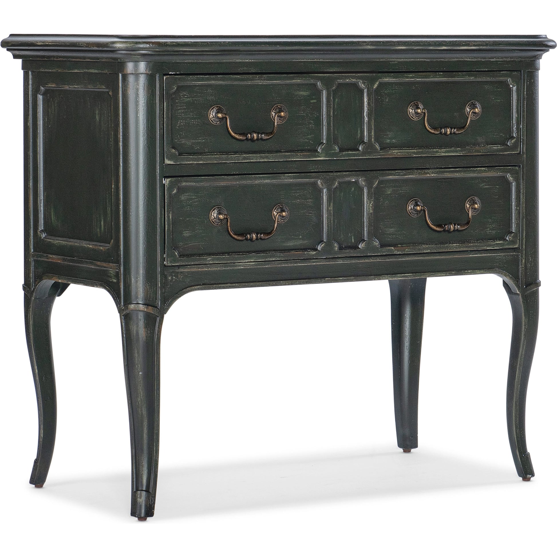 Charleston Two-Drawer Nightstand by Hooker Furniture in black cherry. Made from cherry veneers with solid-wood edge top in a transitional style.