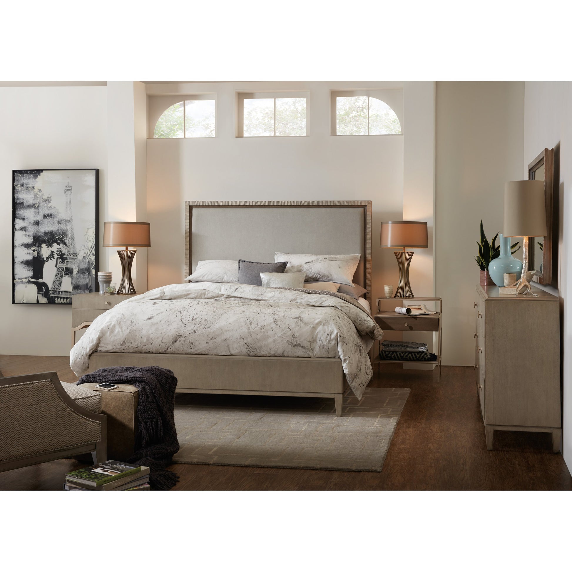 Elixir Bed by Hooker Furniture in grey and greige. Made from chinese walnut veneers, fabric in a modern style.
