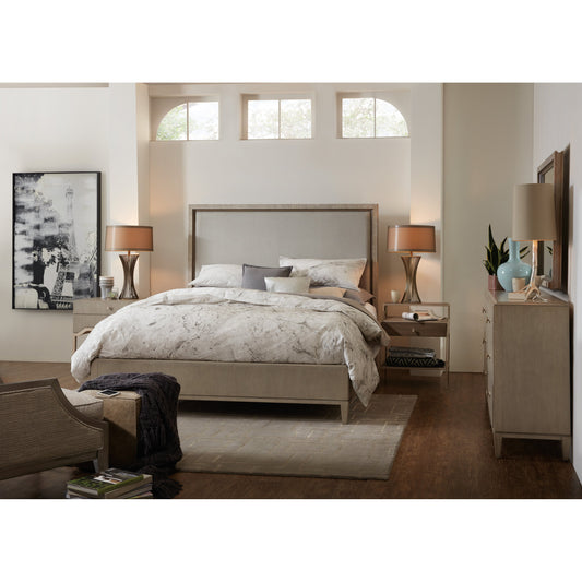 Elixir Bed by Hooker Furniture in grey and greige. Made from chinese walnut veneers, fabric in a modern style.