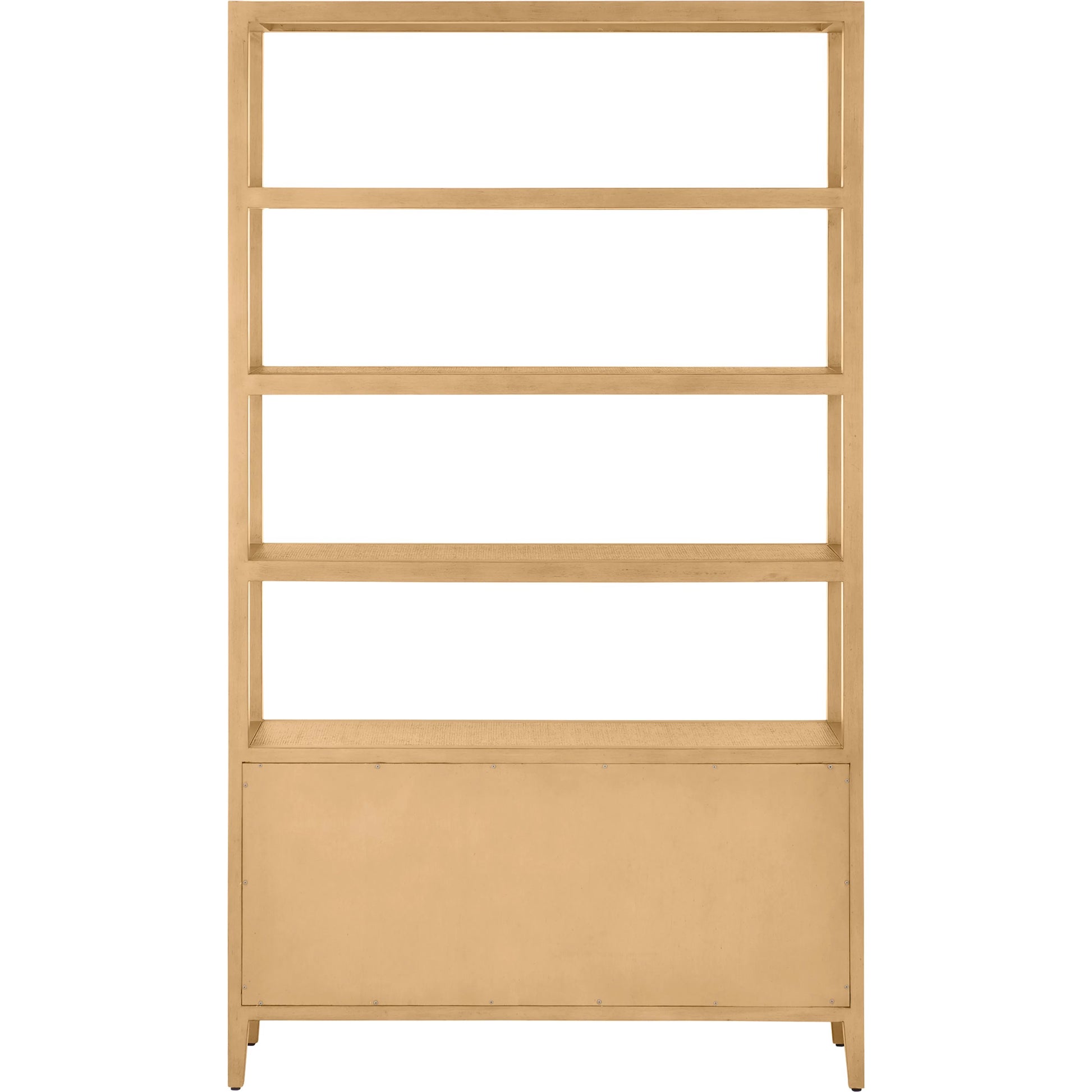 Santos Storage Etagere by Currey and Company in vintage navy, brushed brass. Made from rattan, mahogany, grasscloth, brass in a transitional style.