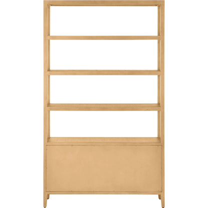 Santos Storage Etagere by Currey and Company in vintage navy, brushed brass. Made from rattan, mahogany, grasscloth, brass in a transitional style.