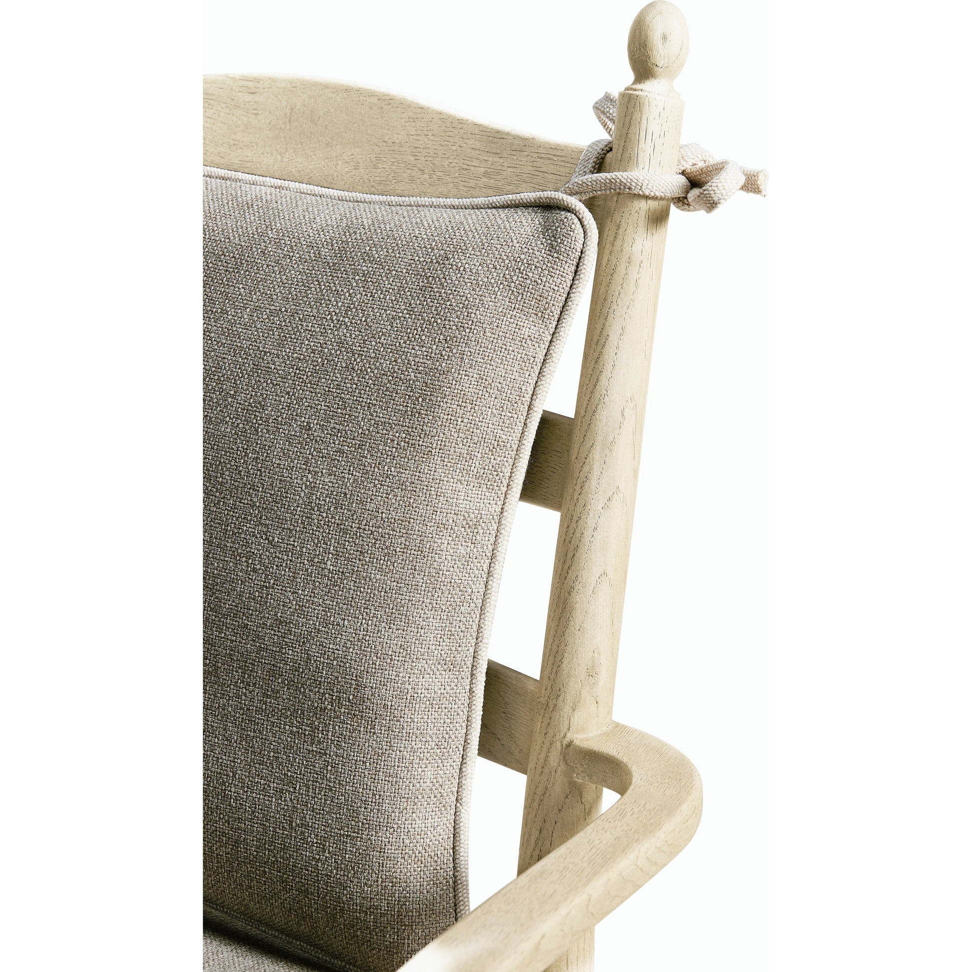 Timeless Doppler Ladderback Arm Chair by Jonathan Charles in stripped brown chestnut. Made from oak, fiber rush, foam, fabric in a coastal style.