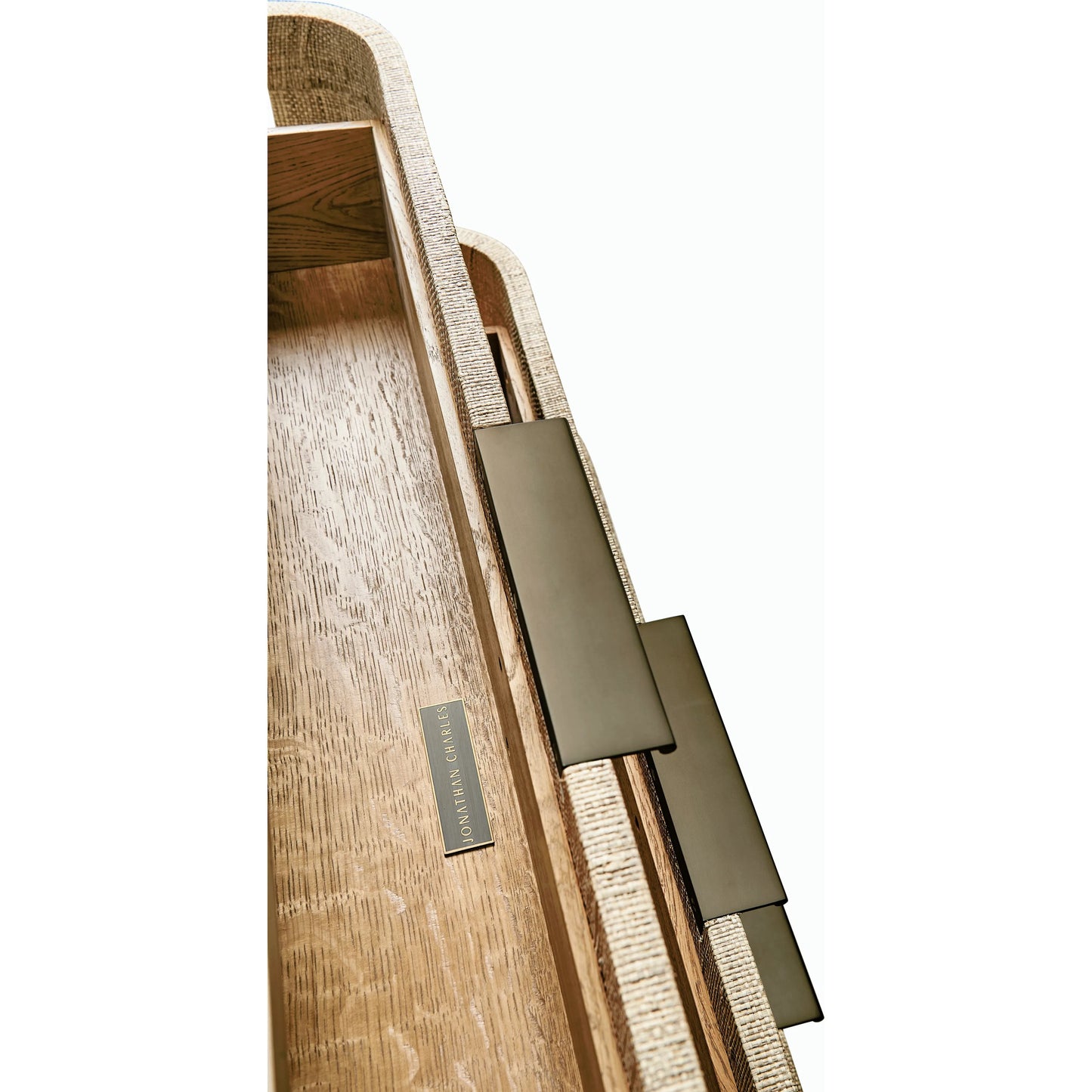 003 SI-2186255 | Closeup | Water Seiche Large Grasscloth Nightstand by Jonathan Charles in whitewash oak. Made from oak, grass cloth, brass in a transitional style.