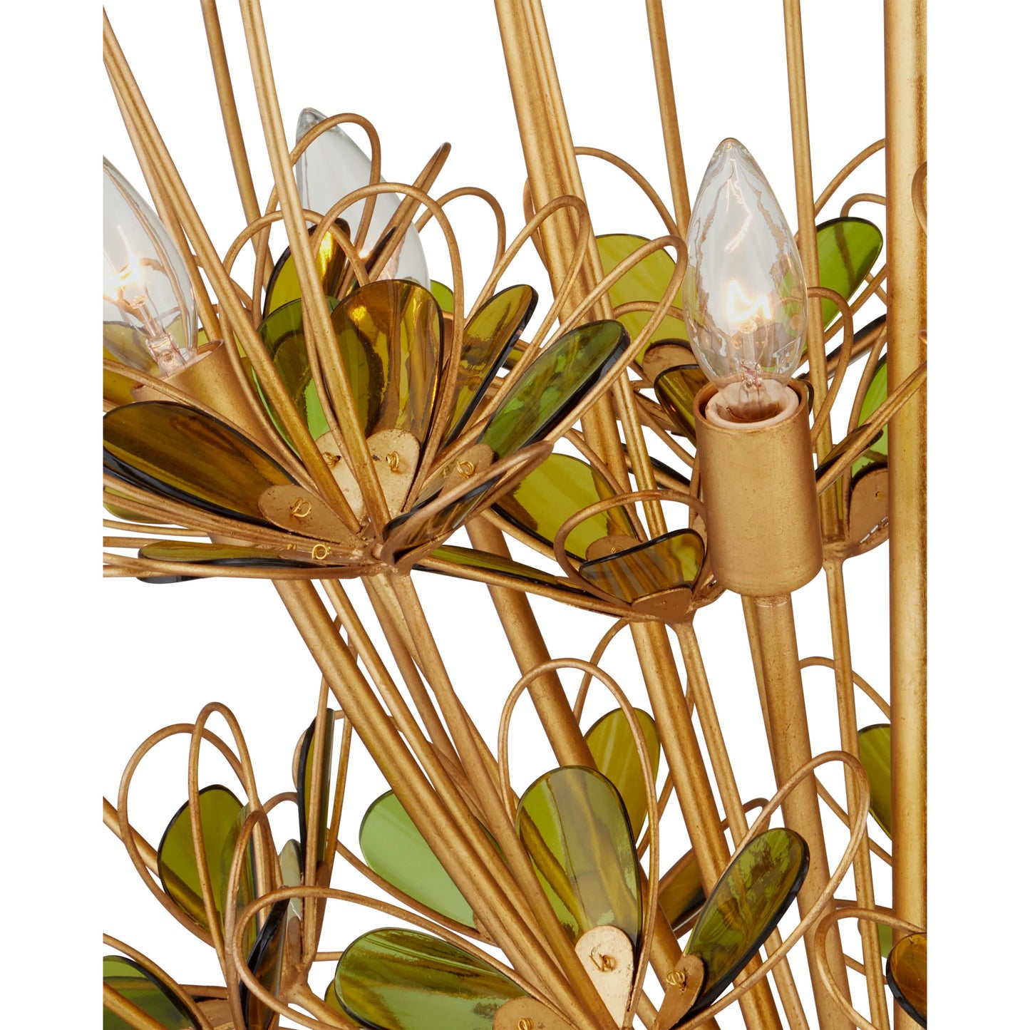 002 SI-2191785 | Additional Silo | Midsummer Chandelier by Currey and Company in contemporary gold leaf, contemporary gold, green. Made from wrought iron, recycled bottle glass in a modern style.