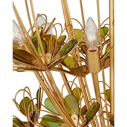 Midsummer Chandelier by Currey and Company in contemporary gold leaf, contemporary gold, green. Made from wrought iron, recycled bottle glass in a modern style.