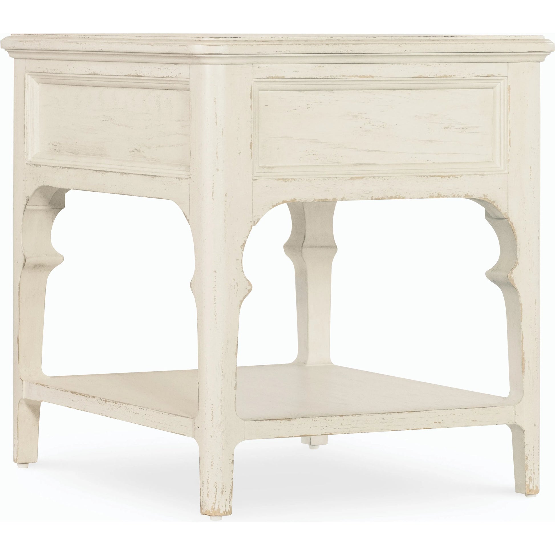 Americana End Table by Hooker Furniture in worn white. Made from oak veneers with solid-wood edge top in a cottage & farmhouse style.