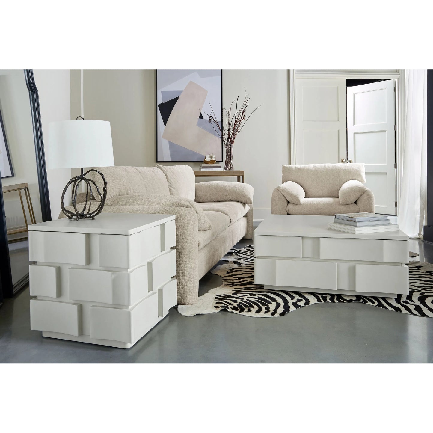 005 SI-2065164 | Lifestyle | Portico Chairside Table by A.R.T. Furniture in white plaster. Made from parawood solids, resin in a modern style.
