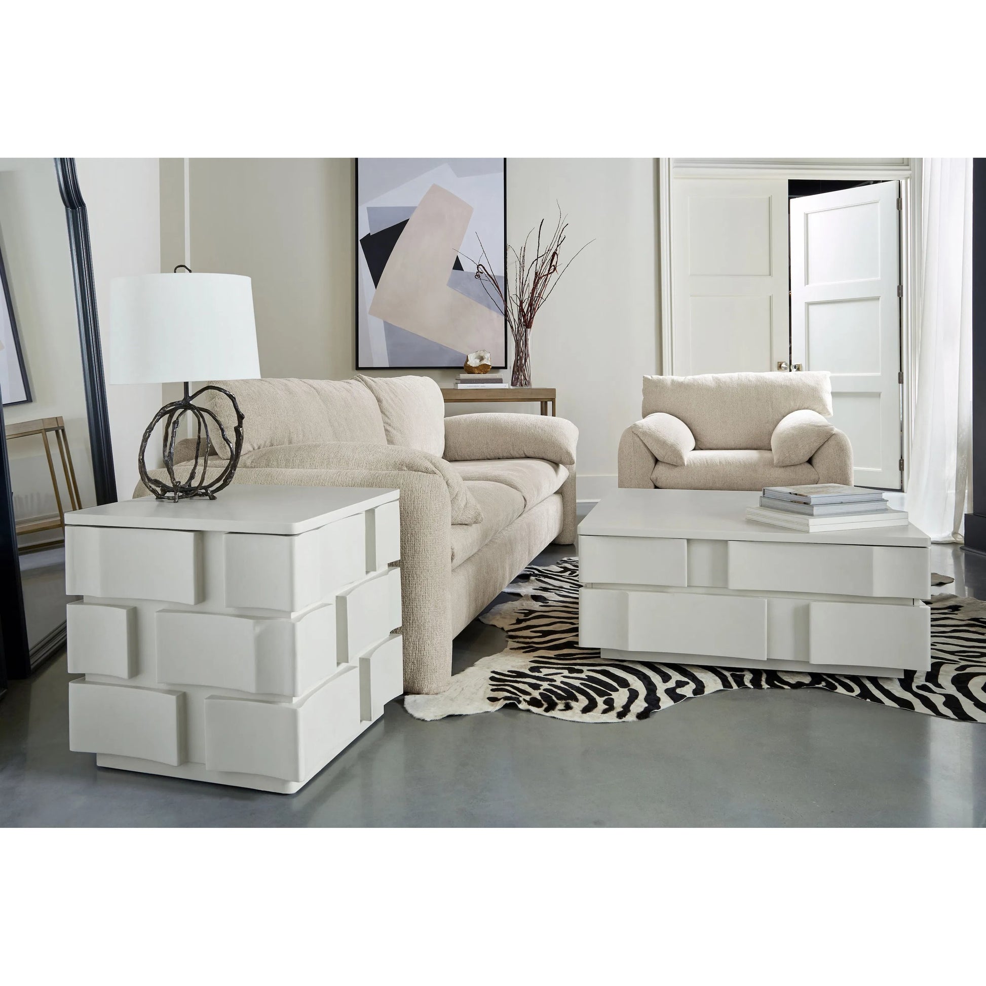 Portico Square Cocktail Table by A.R.T. Furniture in stucco white. Made from parawood solids, resin in a modern style.