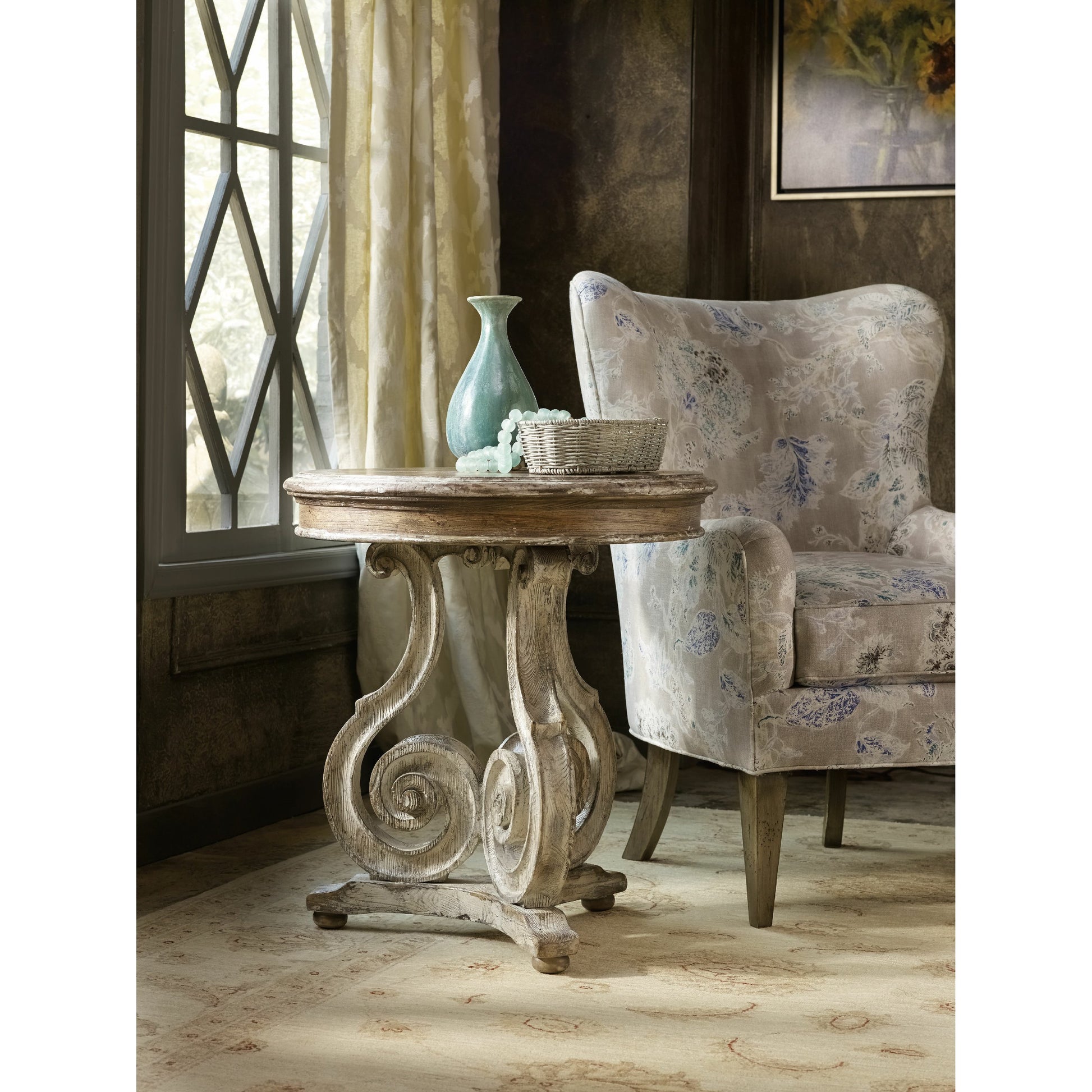 Chatelet Scroll Accent Table by Hooker Furniture in caramel froth. Made from pecan, walnut, maple veneers, resin in a traditional style.