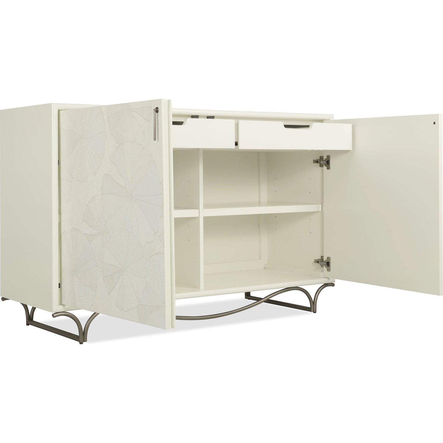 003 SI-2458425 | Additional Silo | Melange White Lotus Hall Chest by Hooker Furniture in white painted, metal. Made from metal, birch veneers, dyed white figured maple veneers, dyed white birdseye maple veneers, fabric, 100% polyester in a transitional sty