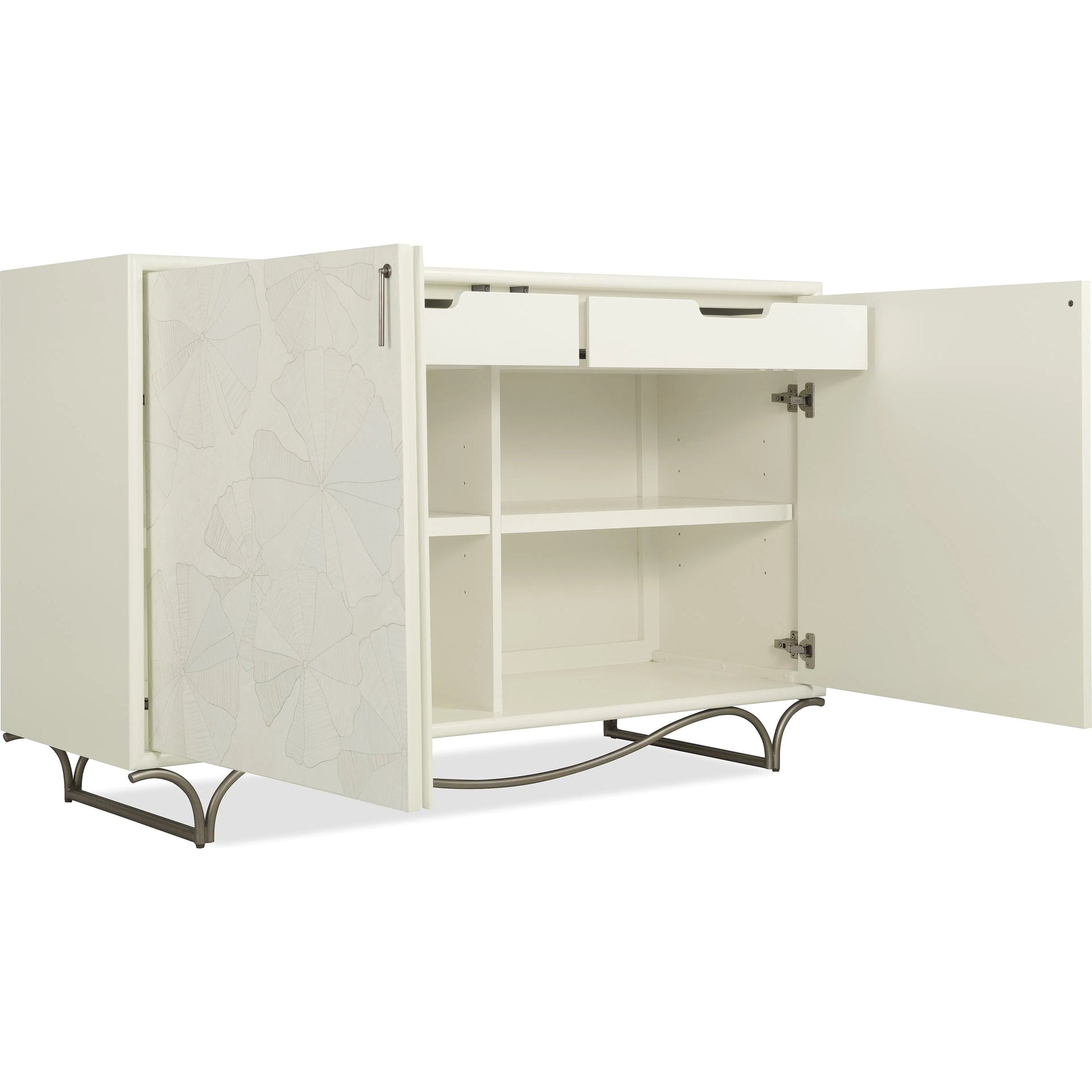 Melange White Lotus Hall Chest by Hooker Furniture in white painted, metal. Made from metal, birch veneers, dyed white figured maple veneers, dyed white birdseye maple veneers, fabric, 100% polyester in a transitional sty
