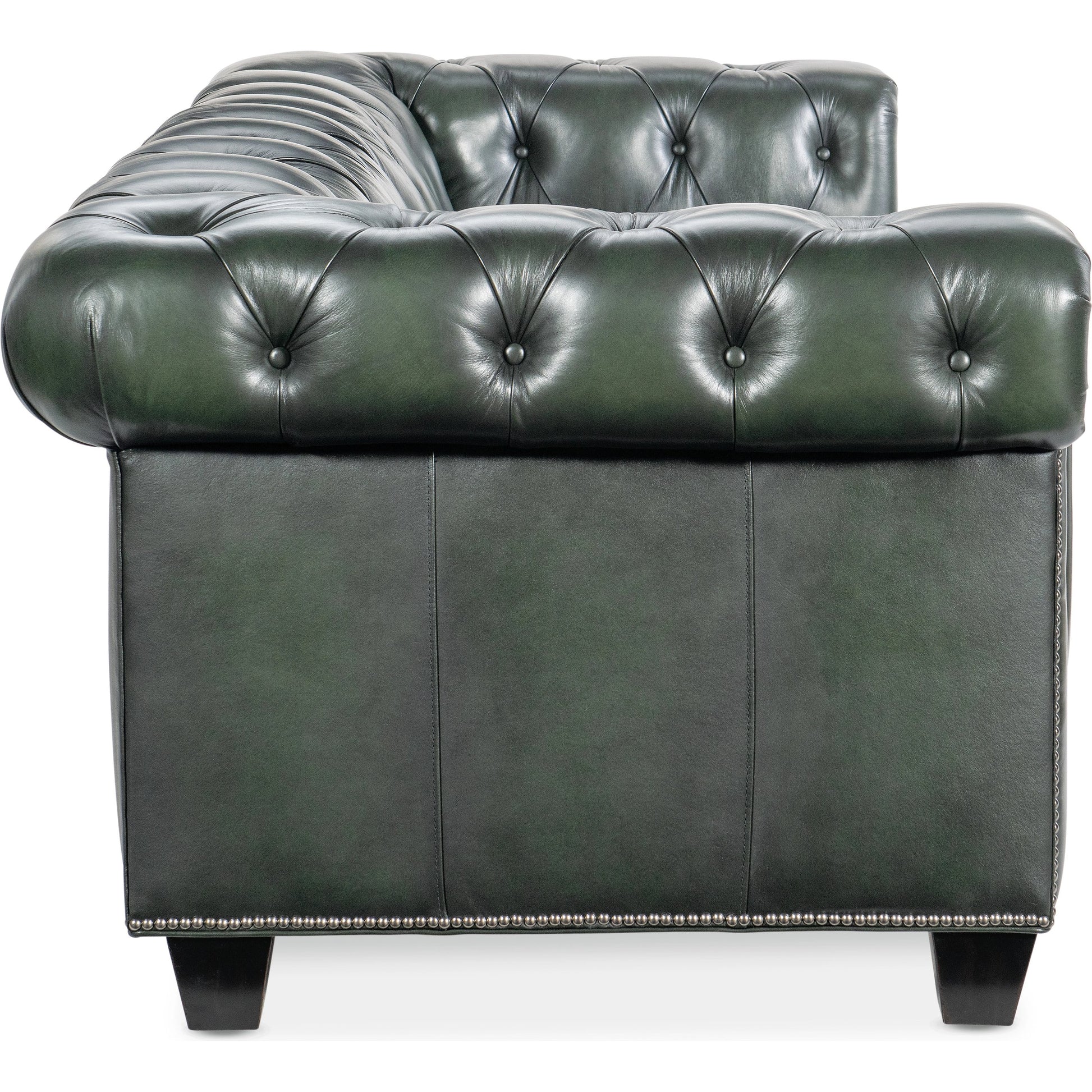 Charleston Tufted Sofa by Hooker Furniture in sarzana portal and black. Made from leather, sarzana portal (finished, wipe off, top grain with splits) in a transitional style.