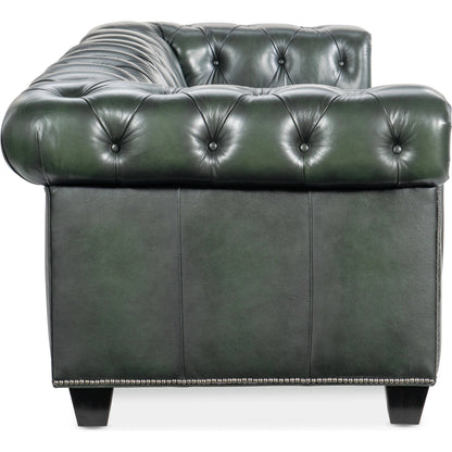 Charleston Tufted Sofa by Hooker Furniture in sarzana portal and black. Made from leather, sarzana portal (finished, wipe off, top grain with splits) in a transitional style.