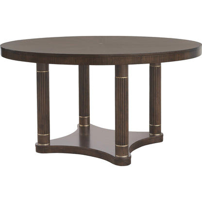 Asher Park Round Dining Table by Pulaski Furniture in piano brown. Made from eucalyptus veneers in a unique style.
