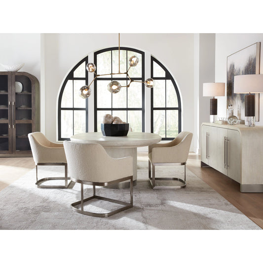 Modern Mood Upholstered Arm Chair by Hooker Furniture in inverness natural and silver. Made from 83% polyester, 17% acrylic, metal in a modern style.
