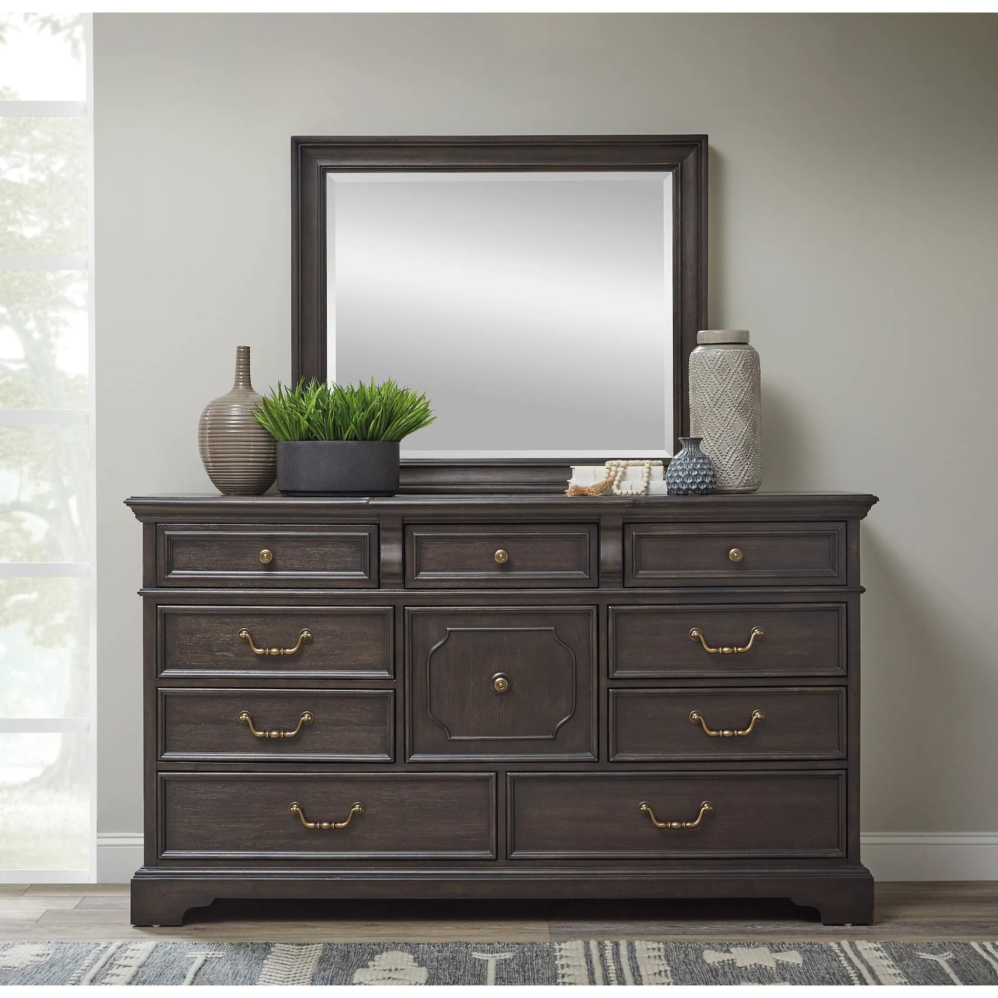 Hickory Creek Dresser Mirror by Pulaski Furniture in brown velvet. Made from rubber wood, mirror in a unique style.
