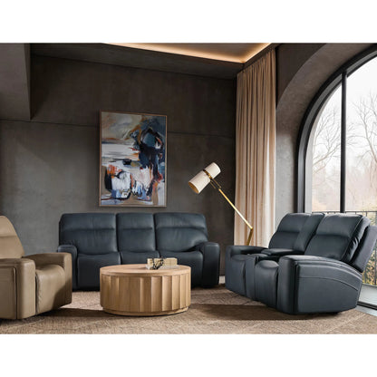 Riverton Power Sofa with Power Headrest and Lumbar by Hooker Furniture in dante afterdusk. Made from leather in a traditional style.