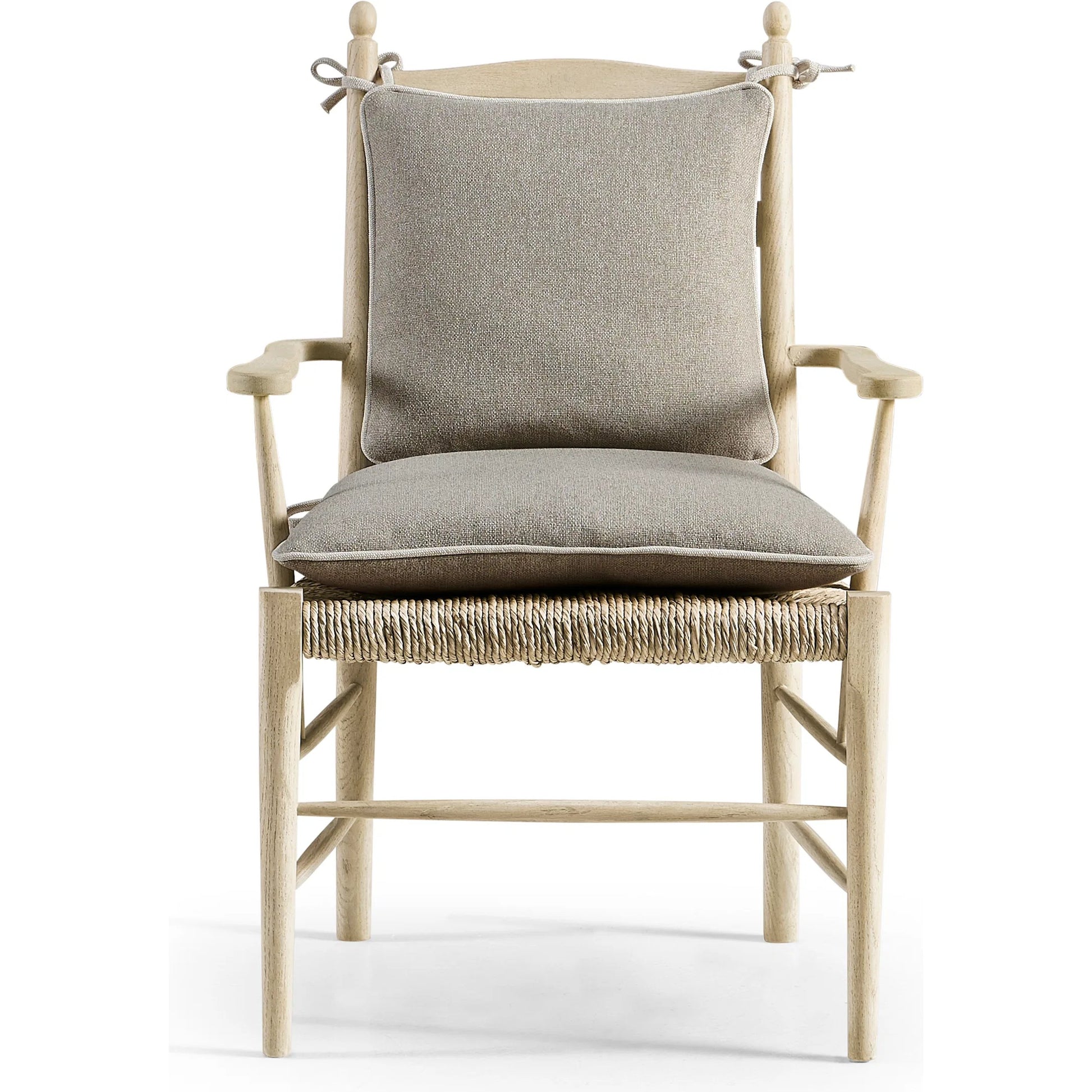 Timeless Doppler Ladderback Arm Chair by Jonathan Charles in stripped brown chestnut. Made from oak, fiber rush, foam, fabric in a coastal style.