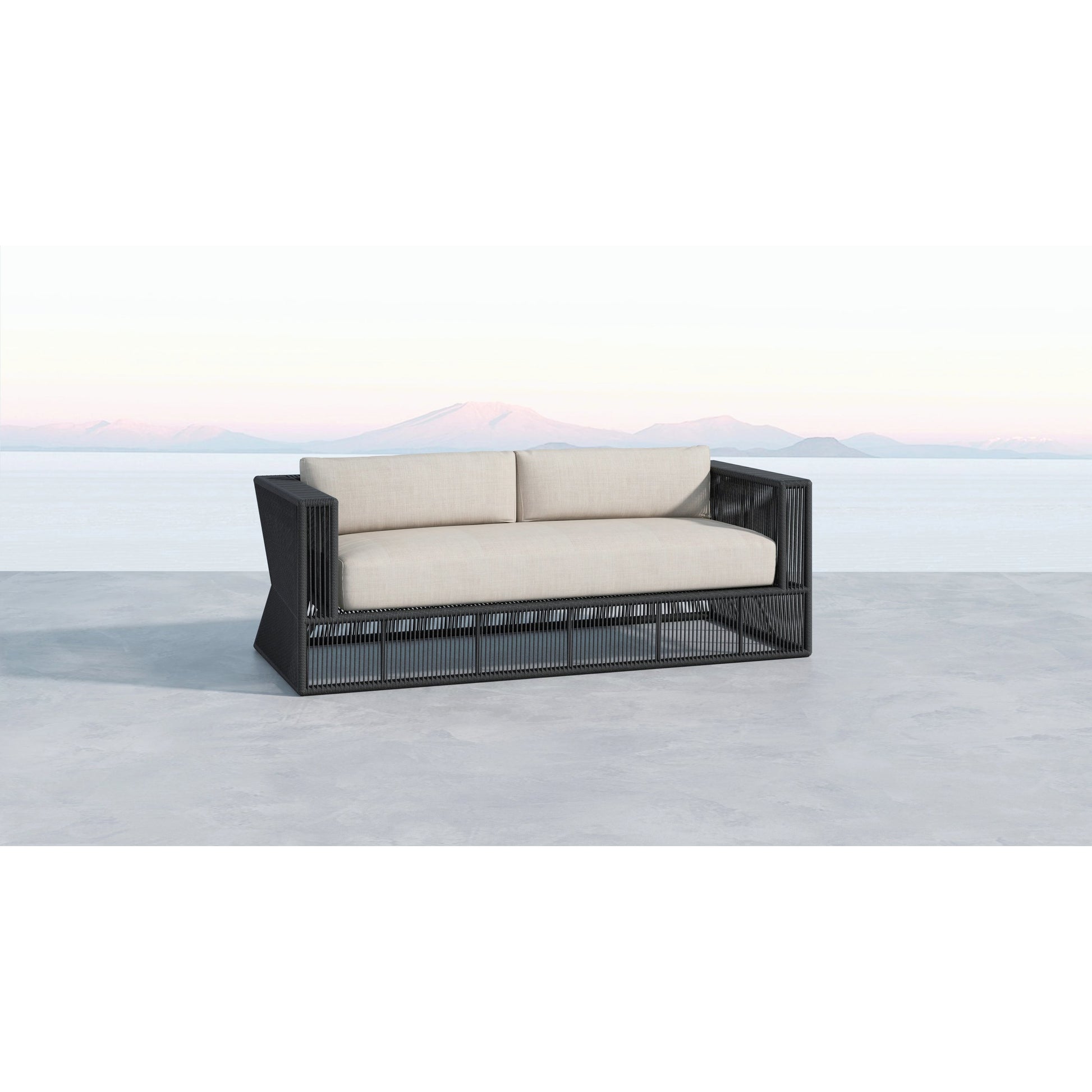 Milano Outdoor Sofa by Sunset West in slate. Made from olefin rope in a coastal style.