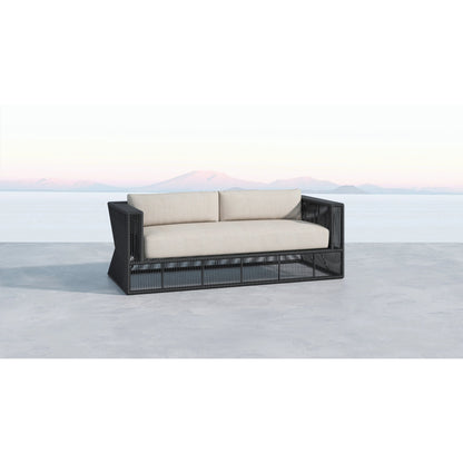 Milano Outdoor Sofa by Sunset West in slate. Made from olefin rope in a coastal style.