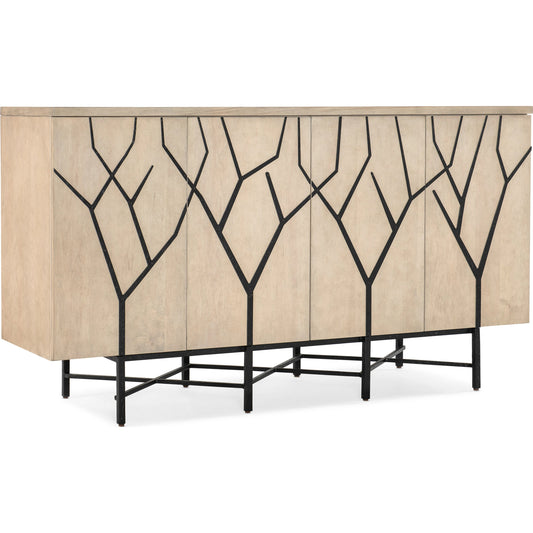 Melange Branched Four Door Entertainment Credenza by Hooker Furniture in light wood. Made from maple veneers with resin, metal in a modern style.