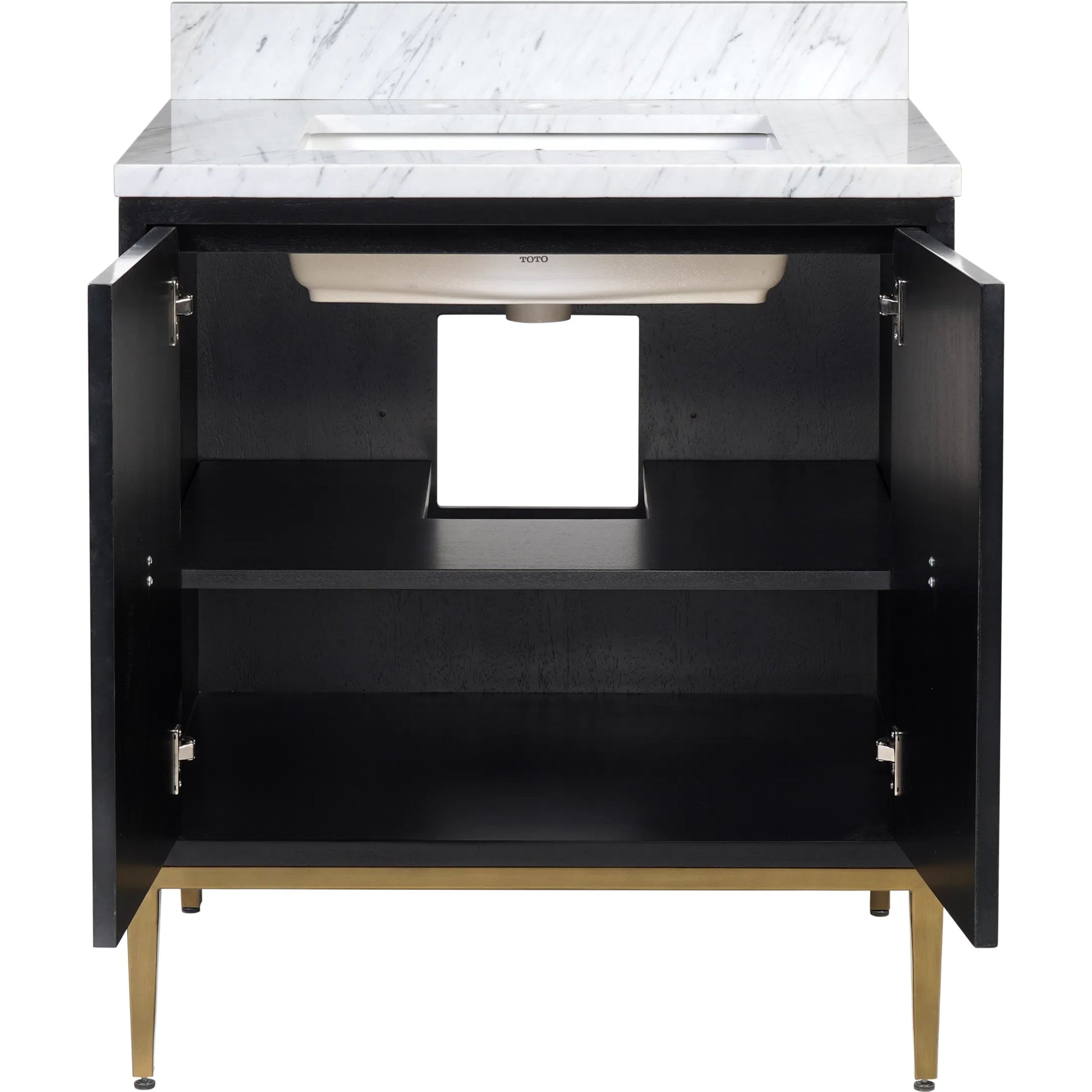 Kallista 30" Blue Vanity with Undermount Sink by Currey and Company in dark sapphire, caviar black, natural, white, antique brass. Made from sycamore veneer, mahogany veneer, carrera marble, vitreous china, iron, brass in a eclectic & 