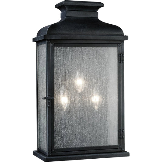 Pediment Outdoor Sconce by Generation Lighting in dark weathered zinc. Made from stainless steel in a traditional style.