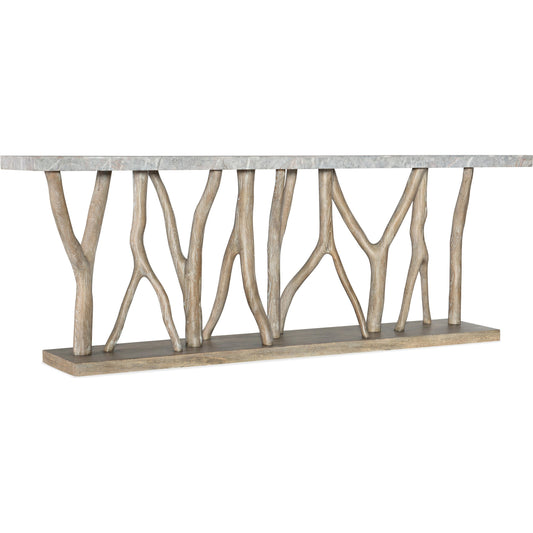 Surfrider Console Table by Hooker Furniture in light natural wood. Made from pecan veneers with stone veneer, resin in a modern style.