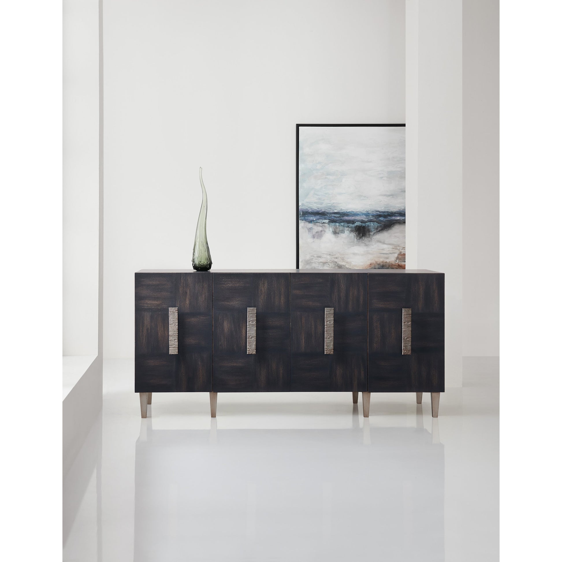 Neville Credenza by Hooker Furniture in dark walnut. Made from walnut veneers in a modern style.