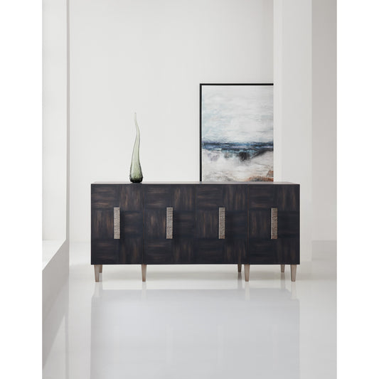 Neville Credenza by Hooker Furniture in dark walnut. Made from walnut veneers in a unique style.