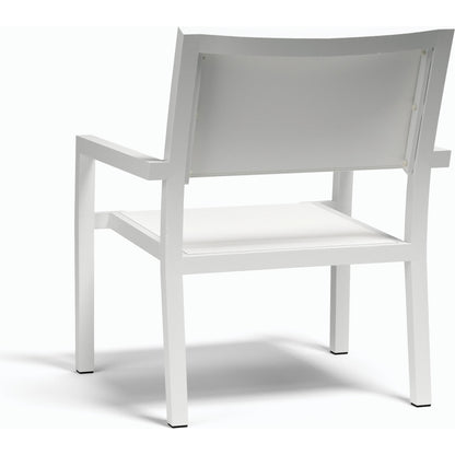 Naples Outdoor Stackable Sling Club Chair by Sunset West in white. Made from aluminum in a modern style.