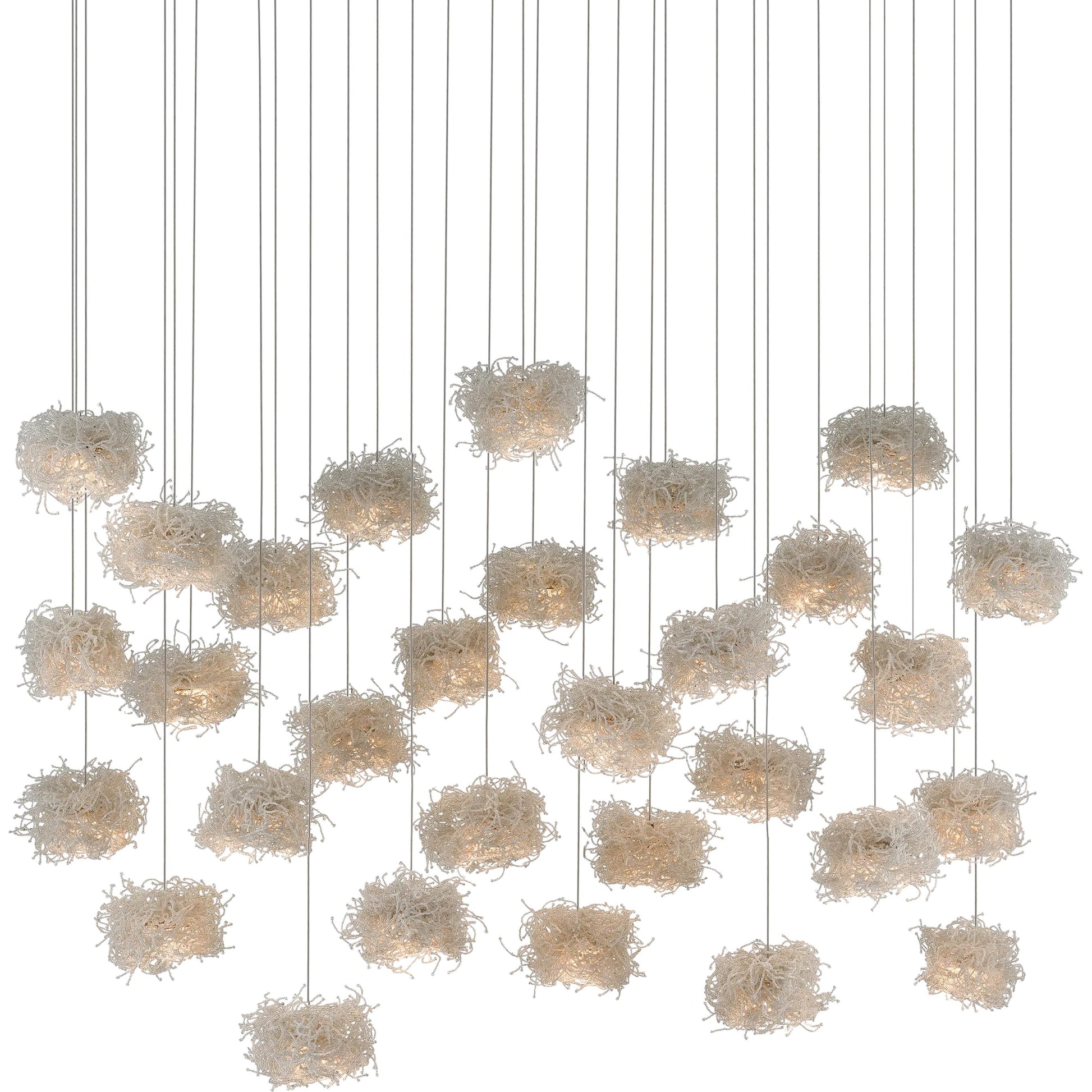 Birds Nest Linear 30-LIGHT Multi-Drop Pendant by Currey and Company in painted silver, clear. Made from metal, glass bead in a modern style.