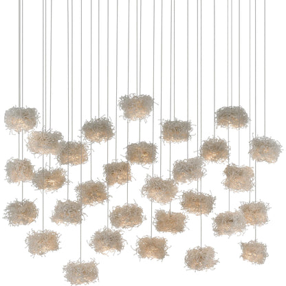 Birds Nest Linear 30-LIGHT Multi-Drop Pendant by Currey and Company in painted silver, clear. Made from metal, glass bead in a modern style.