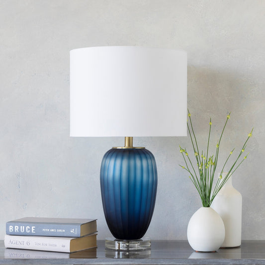 Oliver Lamp - 19827 by Surya in teal, white and base painted. Made from cotton, polyester, glass, crystal, metal - iron, 100% metal in a coastal style.