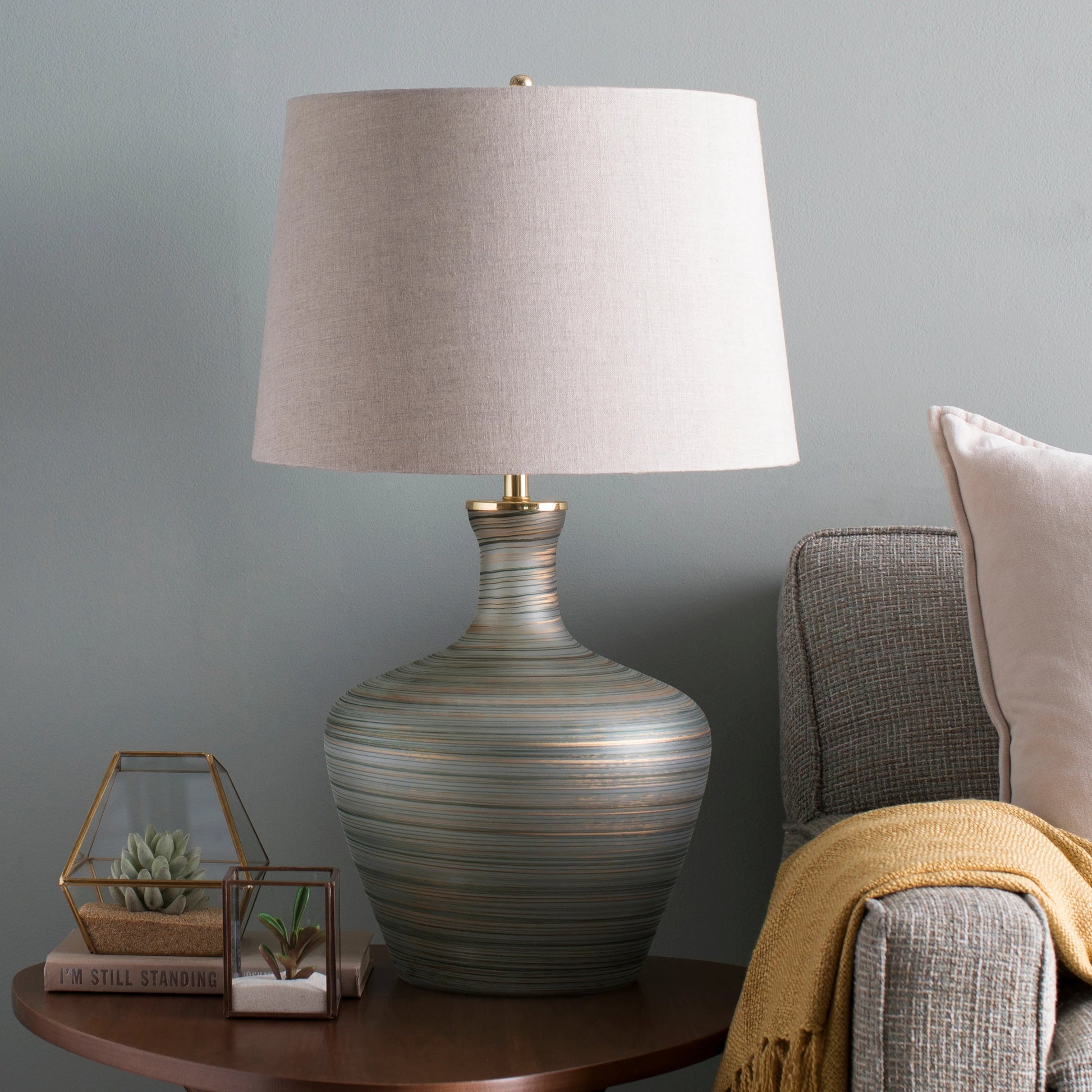 Ollie - 21864 by Surya in metallic brass, emerald, sage and aqua, ivory, emerald. Made from cotton, linen, glass, metal in a modern style.