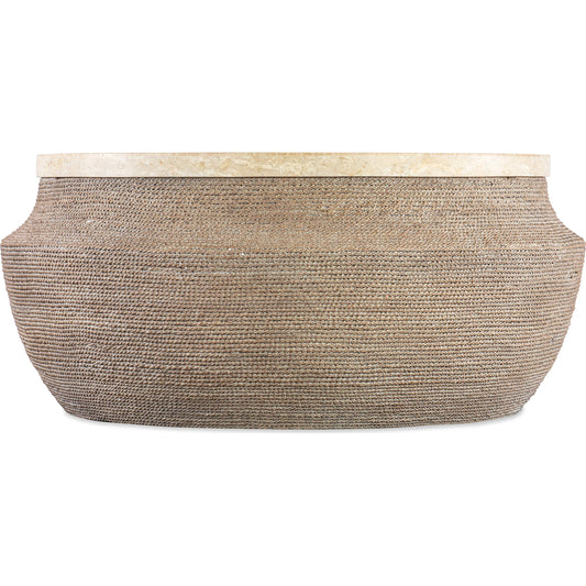 Retreat Round Cocktail Table by Hooker Furniture in brown. Made from wood, resin, travertine stone veneers in a cottage & farmhouse style.