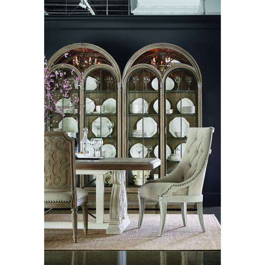Arch Salvage Pearce Dining Table by A.R.T. Furniture in white and parch. Made from parrawood solids, cathedral elm veneers in a traditional style.