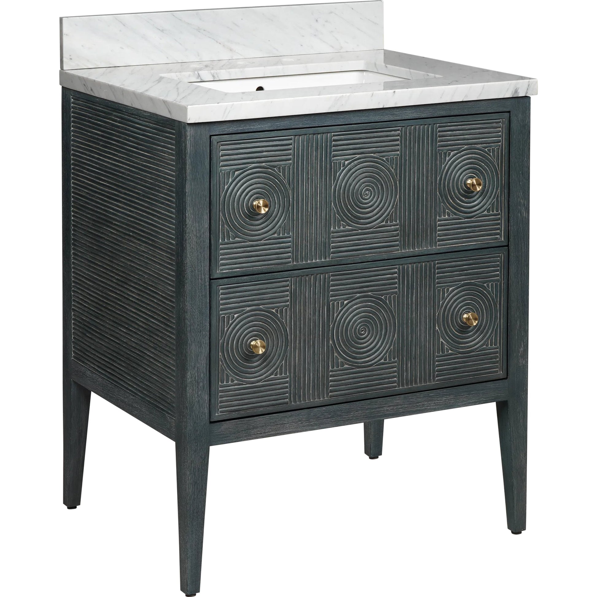 Santos 28" Vanity with Undermount Sink by Currey and Company. Made from rattan, mahogany, carrara marble, vitreous china, sungkai wood, brass in a unique style.