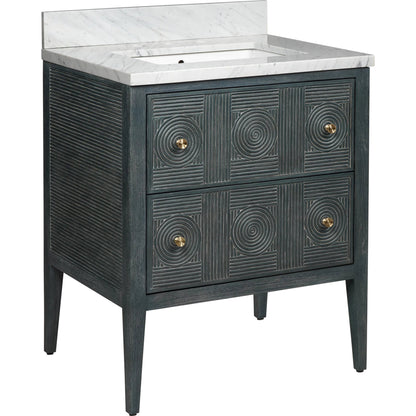 Santos 28" Vanity with Undermount Sink by Currey and Company. Made from rattan, mahogany, carrara marble, vitreous china, sungkai wood, brass in a unique style.