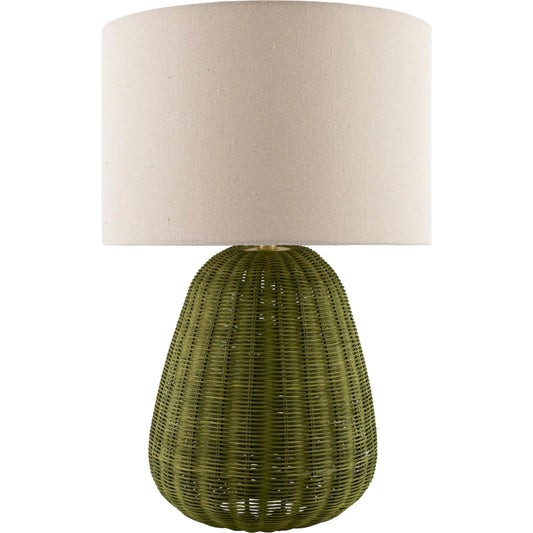 Olira Accent Table Lamp by Surya. Made from rattan, linen, polyester, iron in a rustic style.