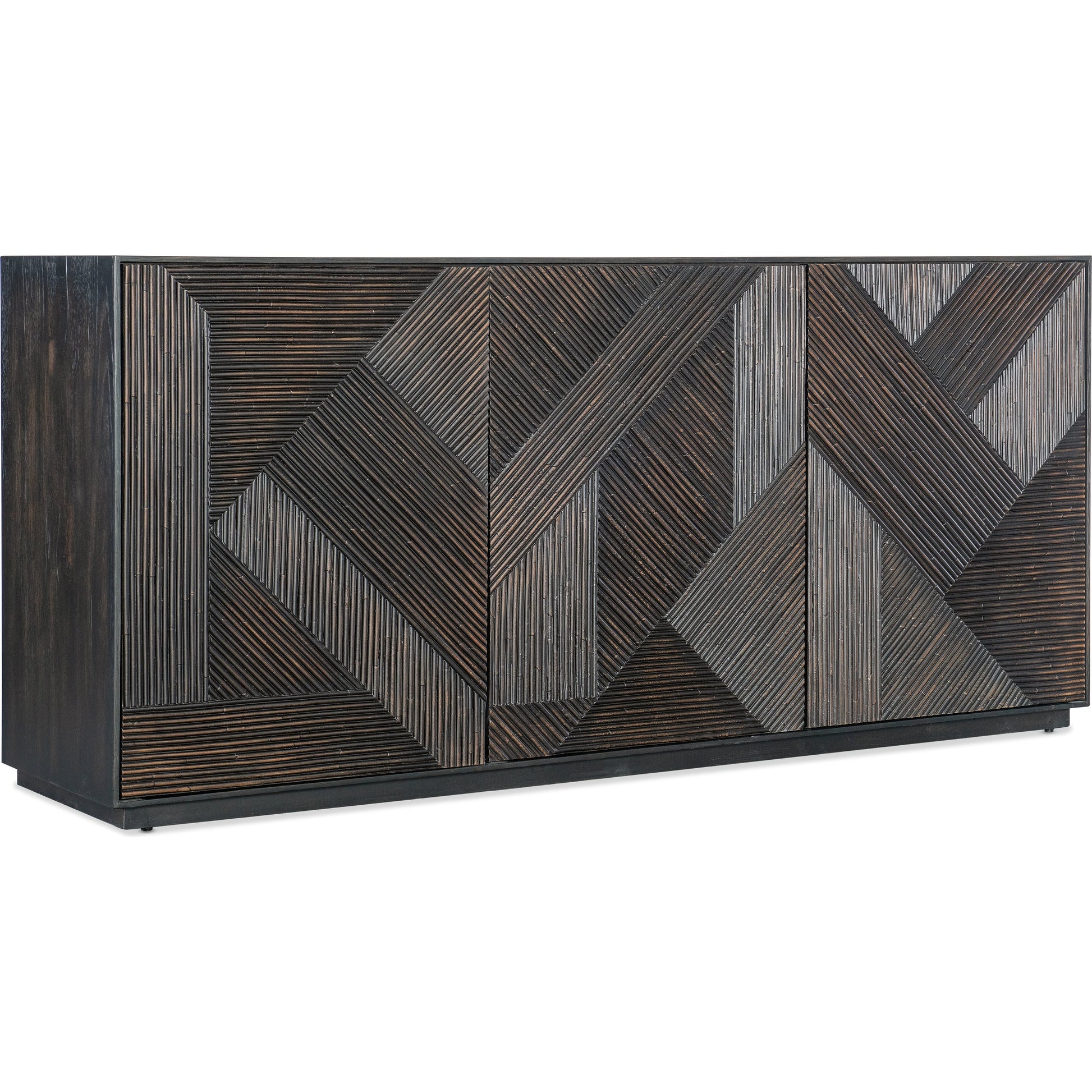 Black Retreat Entertainment Credenza by Hooker Furniture in black sand. Made from oak veneers, resin in a modern style.
