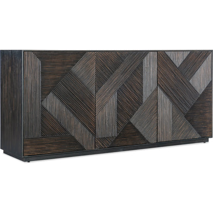 Black Retreat Entertainment Credenza by Hooker Furniture in black sand. Made from oak veneers, resin in a modern style.